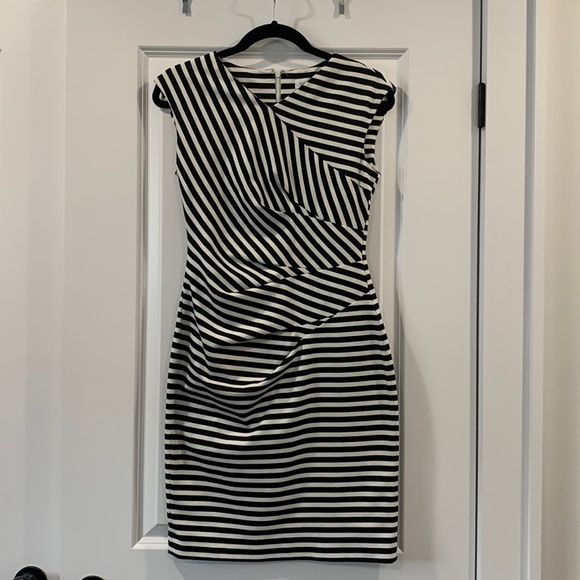 Calvin Klein Dress  - Black & White striped, sleeveless & fitted midi. - Picture 2 of 7